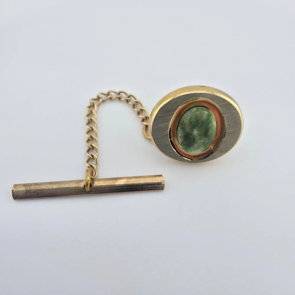 Vintage Jadeite Tie Tack Pin Jade Semi-Precious Gemstone Silver & Gold Tone